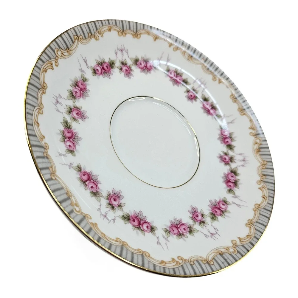 Vintage‎ Noritake China Ridgewood Saucer, Pink Rose Garland, Gold Accent
